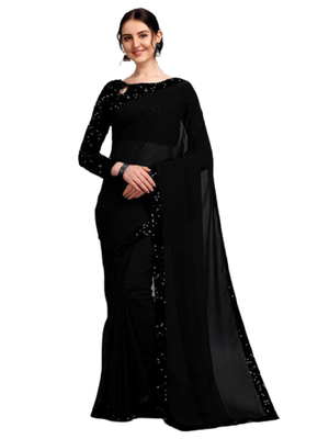 Black plain chiffon saree with blouse 1