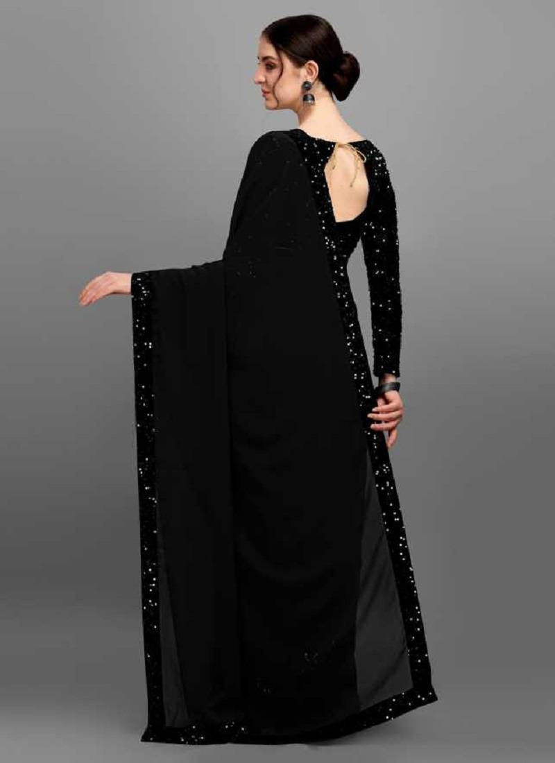 Black plain chiffon saree with blouse