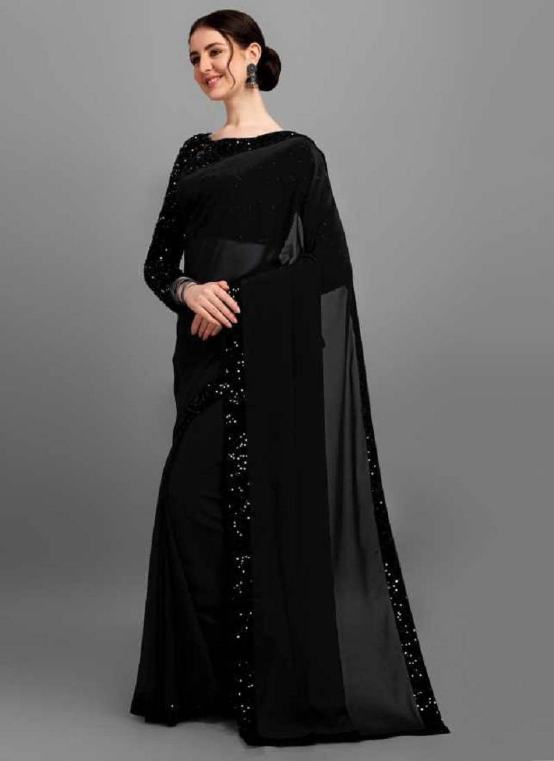 Black plain chiffon saree with blouse