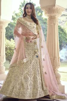 Double Spanish Cream Dori, Thread and Sequins Embroidered with stone work crepe semi stitched lehenga