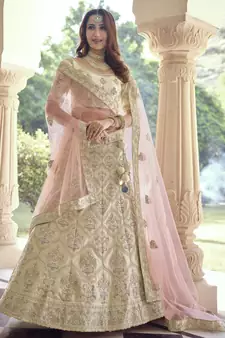 Double Spanish Cream Dori, Thread and Sequins Embroidered with stone work crepe semi stitched lehenga