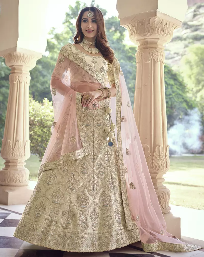 Double Spanish Cream Dori, Thread and Sequins Embroidered with stone work crepe semi stitched lehenga