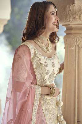 Double Spanish Cream Dori, Thread and Sequins Embroidered with stone work crepe Semi Stitched Lehenga choli for bride 2