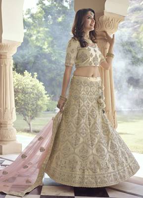 Double Spanish Cream Dori, Thread and Sequins Embroidered with stone work crepe Semi Stitched Lehenga choli for bride 3