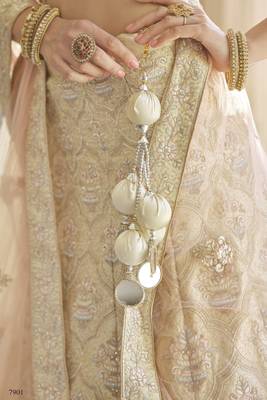 Double Spanish Cream Dori, Thread and Sequins Embroidered with stone work crepe Semi Stitched Lehenga choli for bride 4