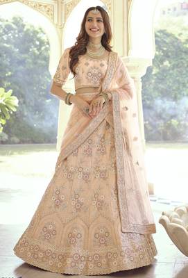 New Tan Peach Dori, Thread and Sequins Embroidered with stone work crepe Semi Stitched Lehenga choli for wedding 1
