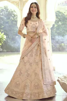 New Tan Peach Dori, Thread and Sequins Embroidered with stone work crepe semi stitched lehenga