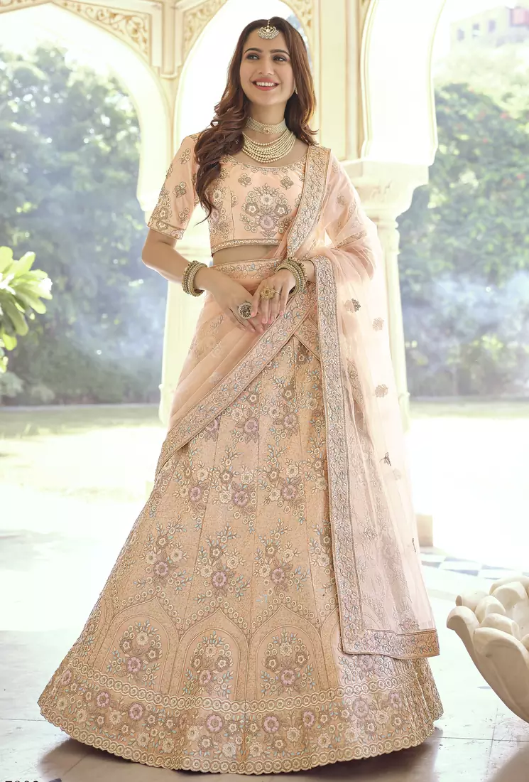 New Tan Peach Dori, Thread and Sequins Embroidered with stone work crepe semi stitched lehenga