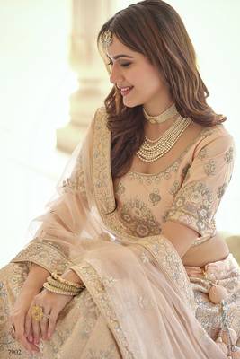 New Tan Peach Dori, Thread and Sequins Embroidered with stone work crepe Semi Stitched Lehenga choli for wedding 2