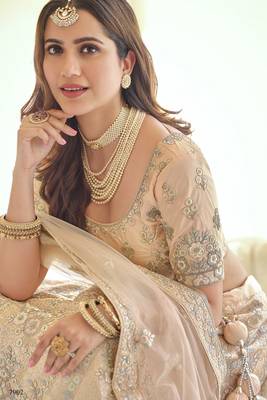 New Tan Peach Dori, Thread and Sequins Embroidered with stone work crepe Semi Stitched Lehenga choli for wedding 3