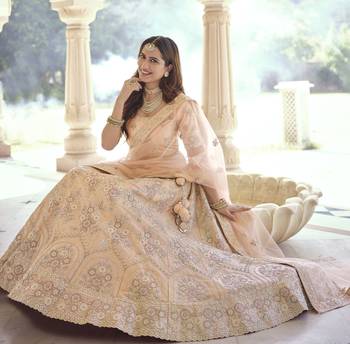 New Tan Peach Dori, Thread and Sequins Embroidered with stone work crepe Semi Stitched Lehenga choli for wedding 4
