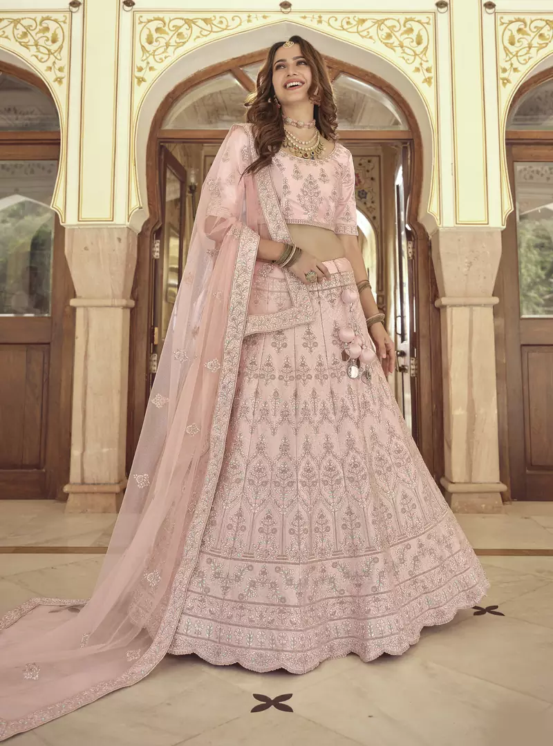 Glamorous Watusi Pink Colored Dori, Thread and Sequins Embroidered with stone work Crepe Fabric Lehenga choli for bride