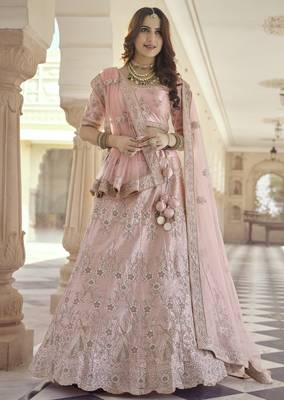 Eunry Pink Dori, Thread and Sequins Embroidered with stone work crepe Semi Stitched Lehenga choli for bridal 1