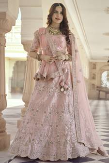 Eunry Pink Dori, Thread and Sequins Embroidered with stone work crepe Semi Stitched Lehenga choli for bridal