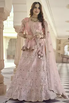 Eunry Pink Dori, Thread and Sequins Embroidered with stone work crepe semi stitched lehenga