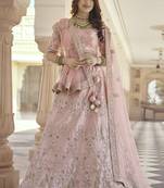 Eunry Pink Dori, Thread and Sequins Embroidered with stone work crepe Semi Stitched Lehenga choli for bridal