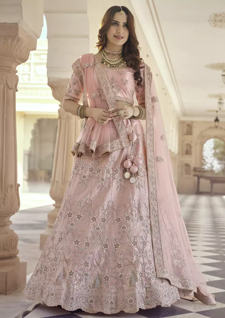 Eunry Pink Dori, Thread and Sequins Embroidered with stone work crepe semi stitched lehenga