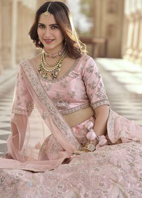 Eunry Pink Dori, Thread and Sequins Embroidered with stone work crepe Semi Stitched Lehenga choli for bridal 2