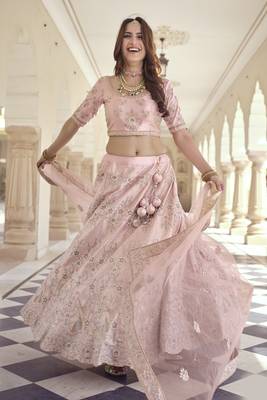 Eunry Pink Dori, Thread and Sequins Embroidered with stone work crepe Semi Stitched Lehenga choli for bridal 3