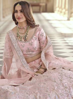 Eunry Pink Dori, Thread and Sequins Embroidered with stone work crepe Semi Stitched Lehenga choli for bridal 4