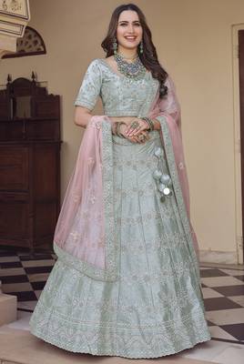 Mischka Grey Dori, Thread and Sequins Embroidered with stone work crepe Semi Stitched Lehenga choli for wedding 1
