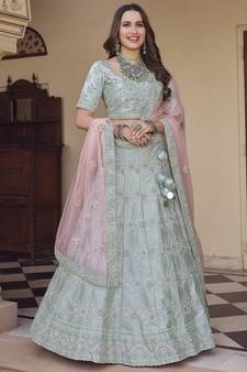 Mischka Grey Dori, Thread and Sequins Embroidered with stone work crepe semi stitched lehenga