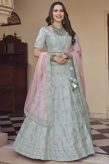 Mischka Grey Dori, Thread and Sequins Embroidered with stone work crepe semi stitched lehenga
