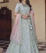 Mischka Grey Dori, Thread and Sequins Embroidered with stone work crepe Semi Stitched Lehenga choli for wedding