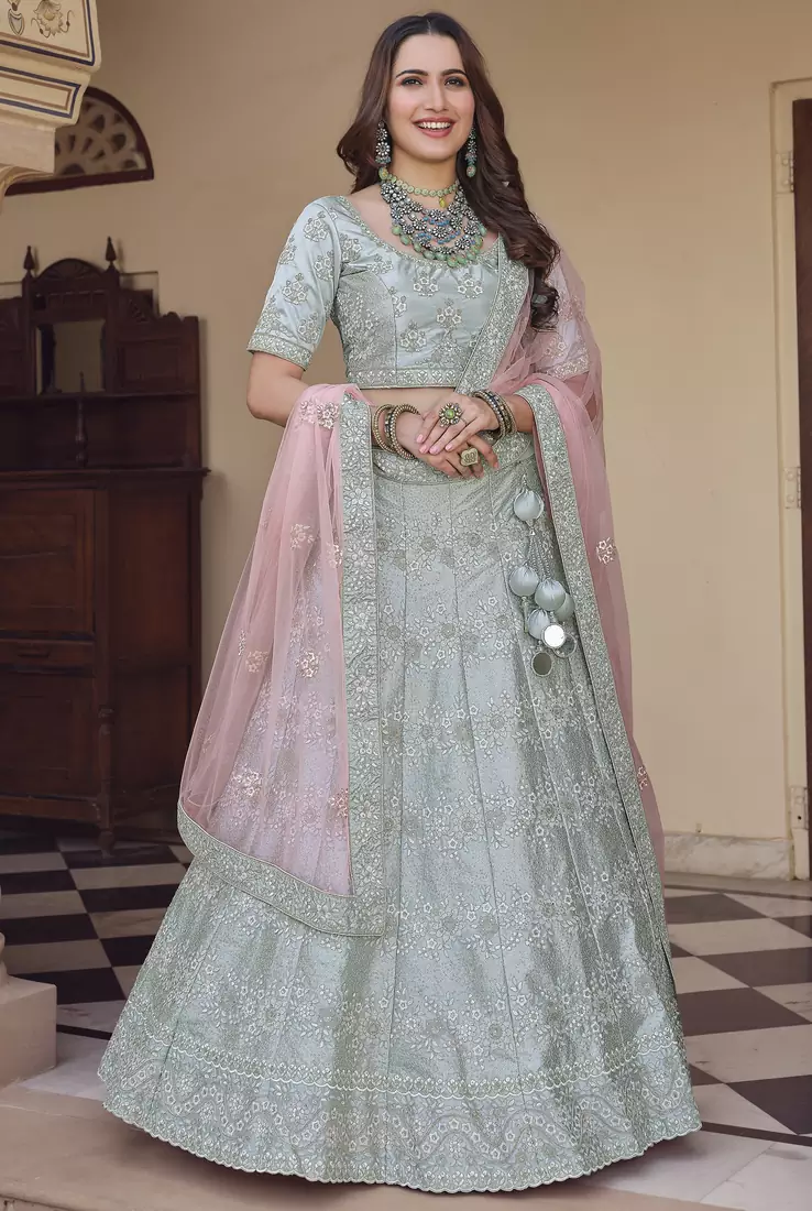 Mischka Grey Dori, Thread and Sequins Embroidered with stone work crepe semi stitched lehenga
