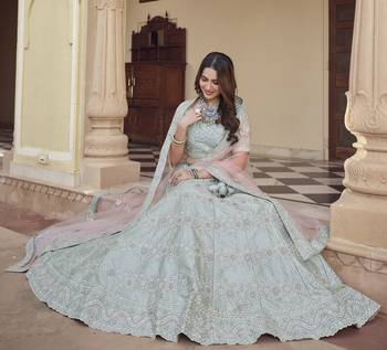 Mischka Grey Dori, Thread and Sequins Embroidered with stone work crepe Semi Stitched Lehenga choli for wedding 2
