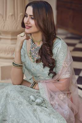 Mischka Grey Dori, Thread and Sequins Embroidered with stone work crepe Semi Stitched Lehenga choli for wedding 3