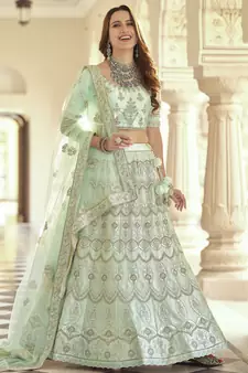 Frostee Green Dori, Thread and Sequins Embroidered with stone work crepe semi stitched lehenga