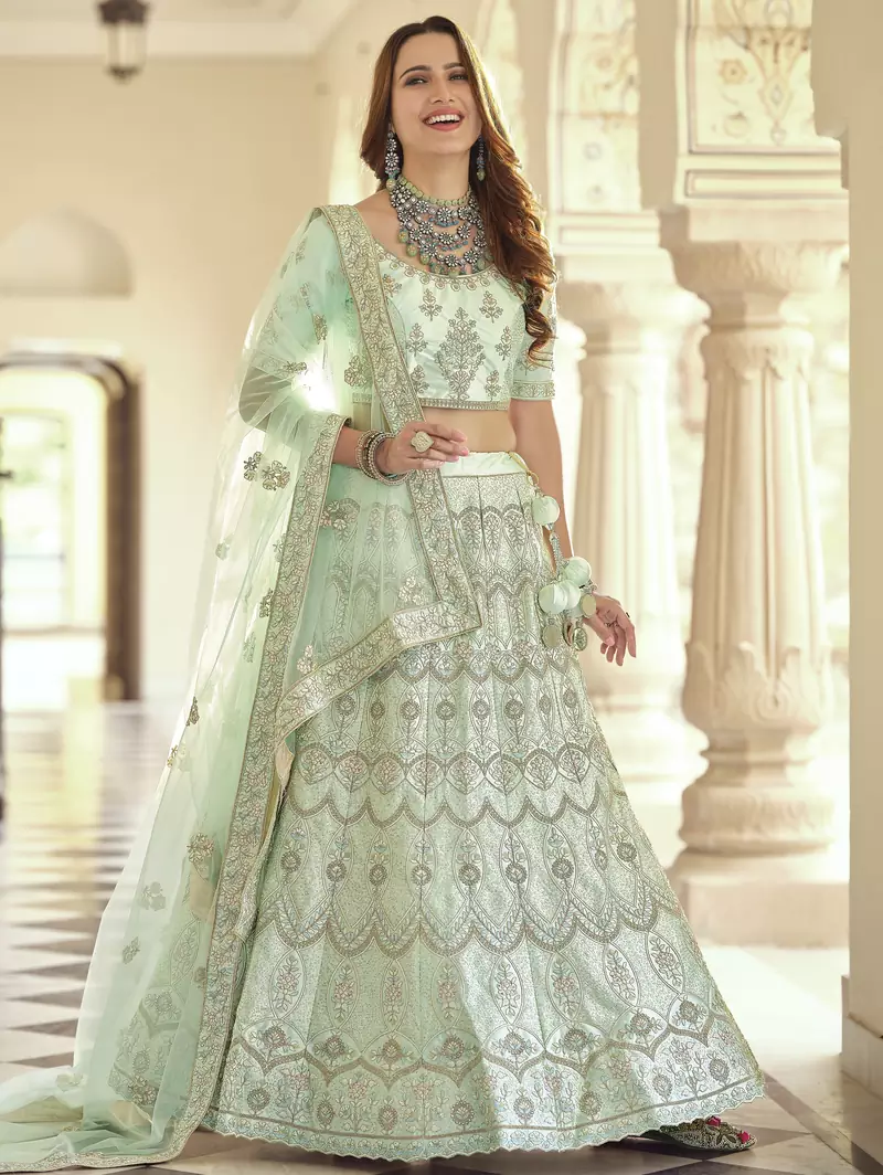 Frostee Green Dori, Thread and Sequins Embroidered with stone work crepe semi stitched lehenga
