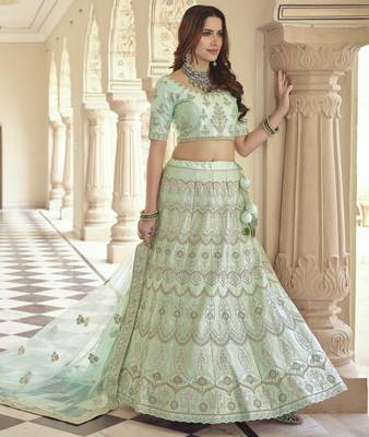 Frostee Green Dori, Thread and Sequins Embroidered with stone work crepe Semi Stitched Lehenga choli for bride 2