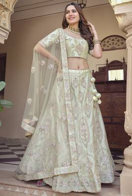 Willow Brook Green Dori, Thread and Sequins Embroidered with stone work crepe Semi Stitched Lehenga choli for women  2