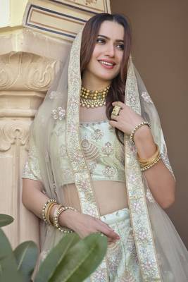 Willow Brook Green Dori, Thread and Sequins Embroidered with stone work crepe Semi Stitched Lehenga choli for women  3