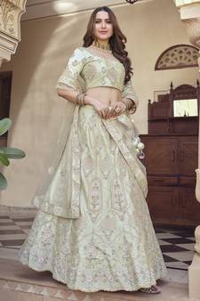 Willow Brook Green Dori, Thread and Sequins Embroidered with stone work crepe semi stitched lehenga