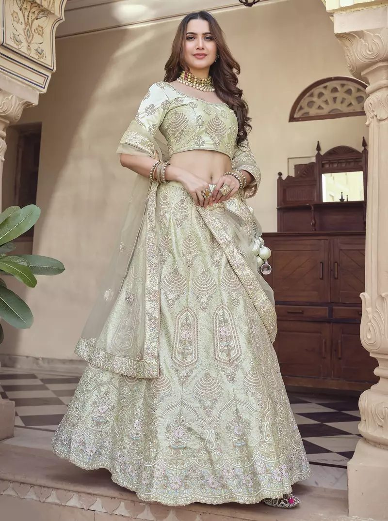 Willow Brook Green Dori, Thread and Sequins Embroidered with stone work crepe semi stitched lehenga