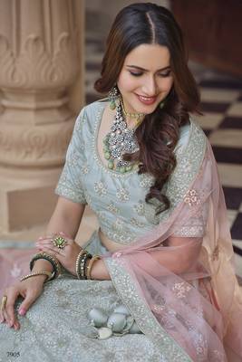 Mischka Grey Dori, Thread and Sequins Embroidered with stone work crepe Semi Stitched Lehenga choli for wedding 4