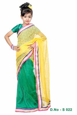 Green And Yellow Woven Net Saree With Blouse 1