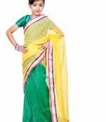 Green And Yellow Woven Net Saree With Blouse