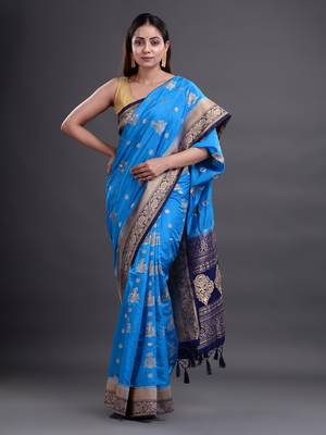 Blue woven art silk saree with blouse 1