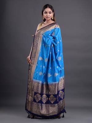 Blue woven art silk saree with blouse 2