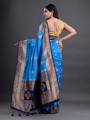 Blue woven art silk saree with blouse 3