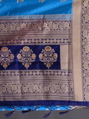 Blue woven art silk saree with blouse 4
