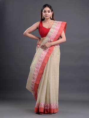 Beige Woven Pure Cotton Saree Without Blouse 1