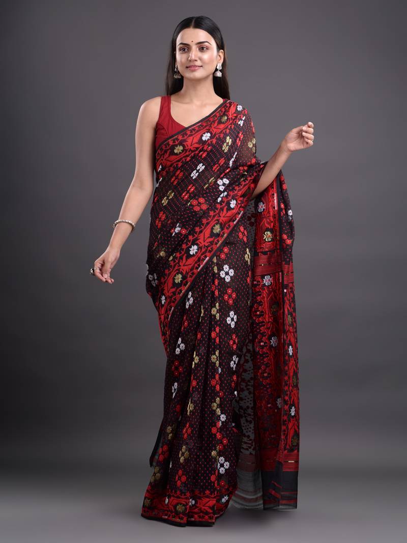 Black woven silk cotton saree 
