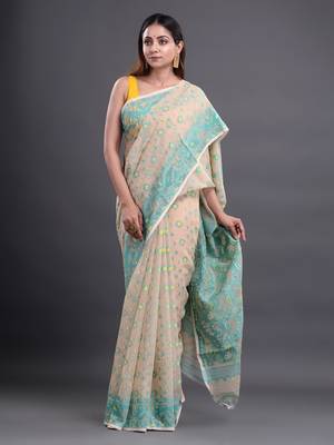 Beige woven silk cotton saree  1