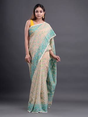 Beige woven silk cotton saree  2