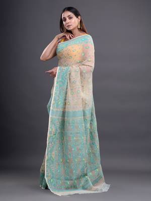 Beige woven silk cotton saree  3